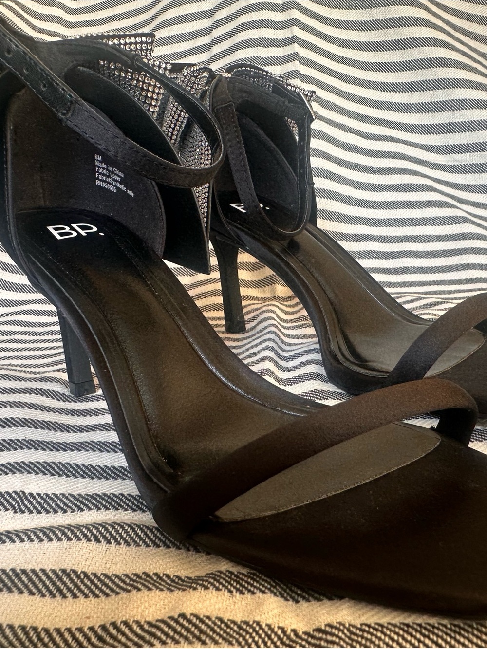 BP. Black Satin Ankle Strap Heels with Crystal Bow
